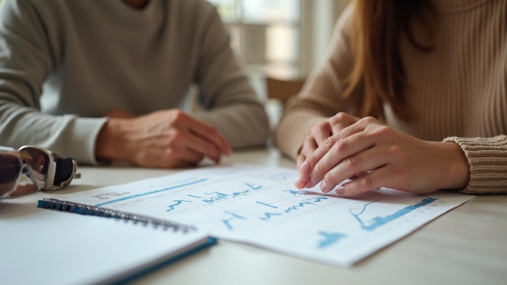 Профессиональное фото пары, обсуждающей финансовые планы и ведущей ведомость расходов