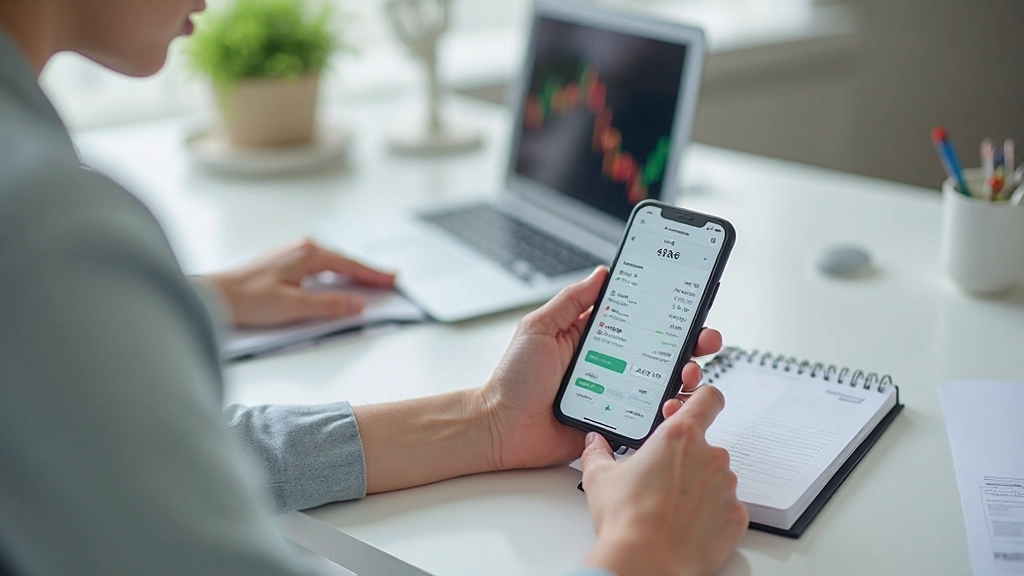 Профессиональное фото смартфона с приложением для управления финансами на экране, рядом с ноутбуком
