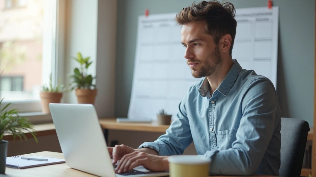 Человек работает за ноутбуком с временной сеткой и расписанием на стене