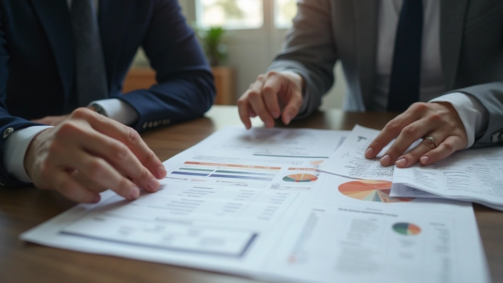 Два человека обсуждают финансовый план за столом с графиками