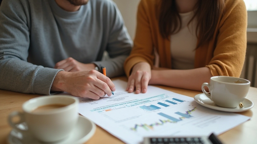 Молодая пара обсуждает финансовый план за кухонным столом с документами и калькулятором