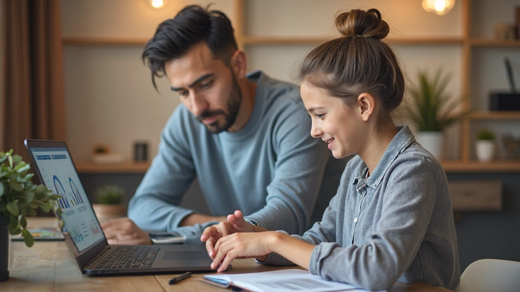 Семейное совещание по финансам с графиками и планами на ноутбуке